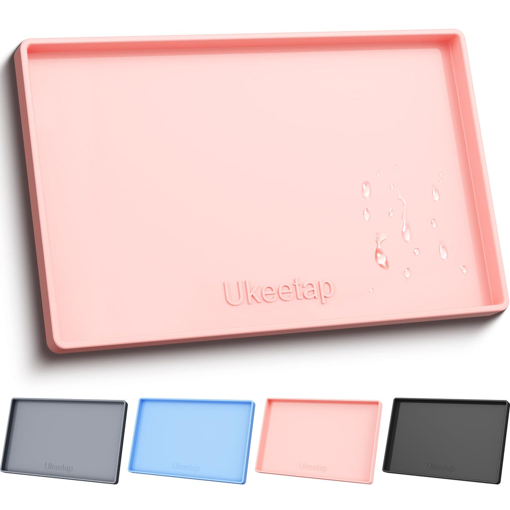 ukeetap Extra Thick Silicone Mat Waterproof with Raised Edge 19” x 12”, BPA Free Non-Slip Dog & Cat Food Mat, Feeding Mat for Food and Water Bowls, Spill Proof Mat to Protect Floors, Pink
