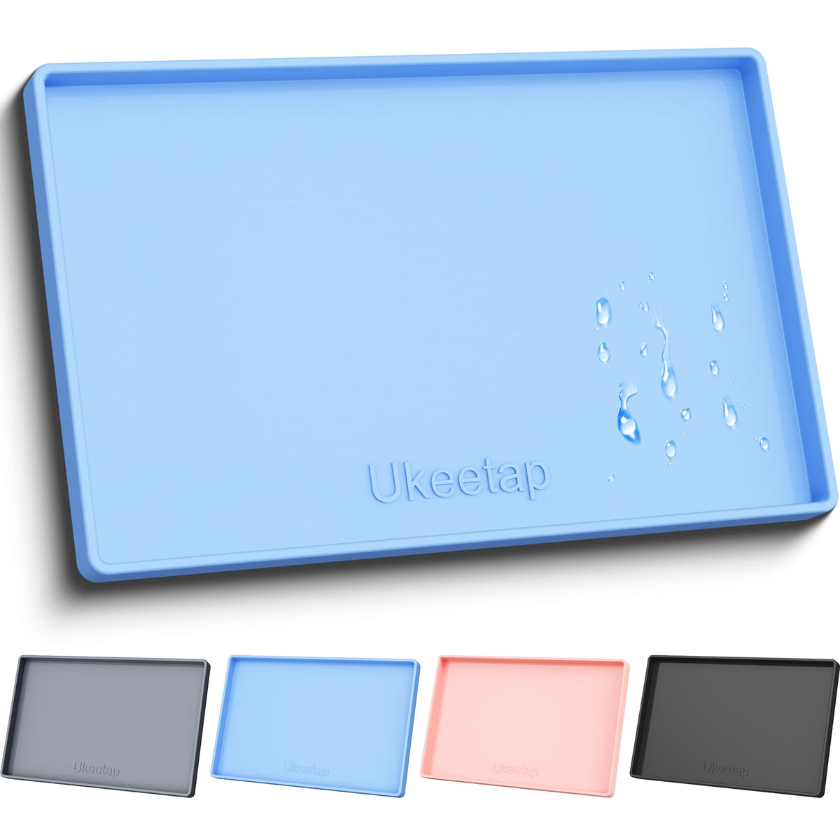 ukeetap Extra Thick Silicone Mat Waterproof with Raised Edge 19” x 12”, BPA Free Non-Slip Dog & Cat Food Mat, Feeding Mat for Food and Water Bowls, Spill Proof Mat to Protect Floors, Blue