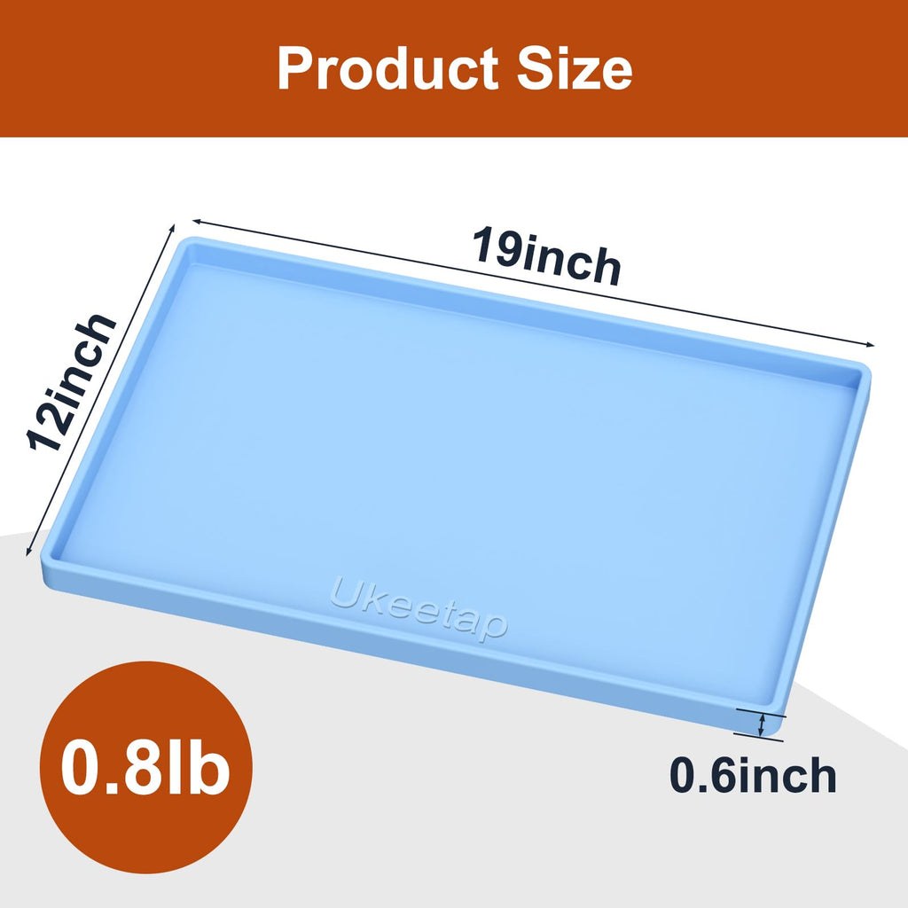 ukeetap Extra Thick Silicone Mat Waterproof with Raised Edge 19” x 12”, BPA Free Non-Slip Dog & Cat Food Mat, Feeding Mat for Food and Water Bowls, Spill Proof Mat to Protect Floors, Blue