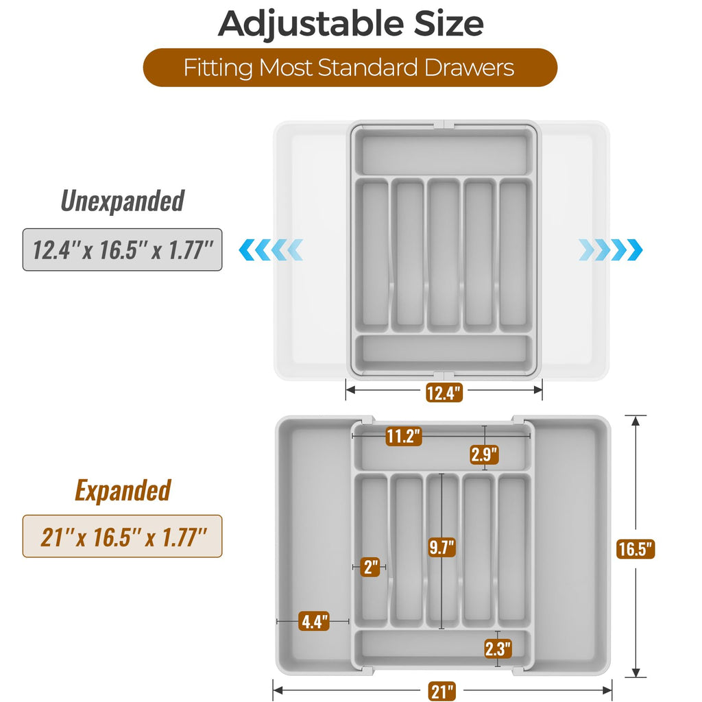 ukeetap Extra Large Expandable Silverware Organizer, BPA-Free Food-Safe Cutlery Flatware Organizer, Kitchen Utensil Drawer Organizer, Adjustable Silverware Holder for Spoons Forks Knives, Gray