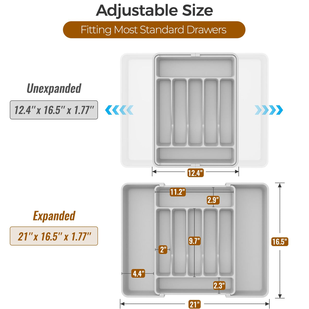 ukeetap Extra Large Expandable Silverware Organizer, BPA-Free Food-Safe Cutlery Flatware Organizer, Kitchen Utensil Drawer Organizer, Adjustable Silverware Holder for Spoons Forks Knives, Gray