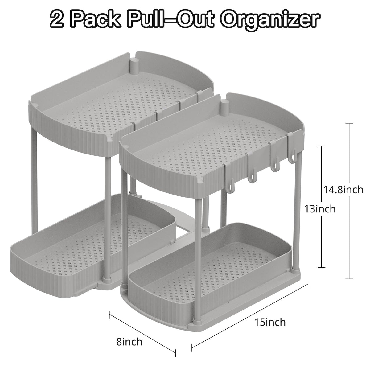 Ukeetap 2 Pack Multi-Purpose Pull-Out Storage Organizers, Under Sink Organizers and Storage for Bathroom & Kitchen, Under Cabinet Organizers and storage, 14.8 Inch, Grey