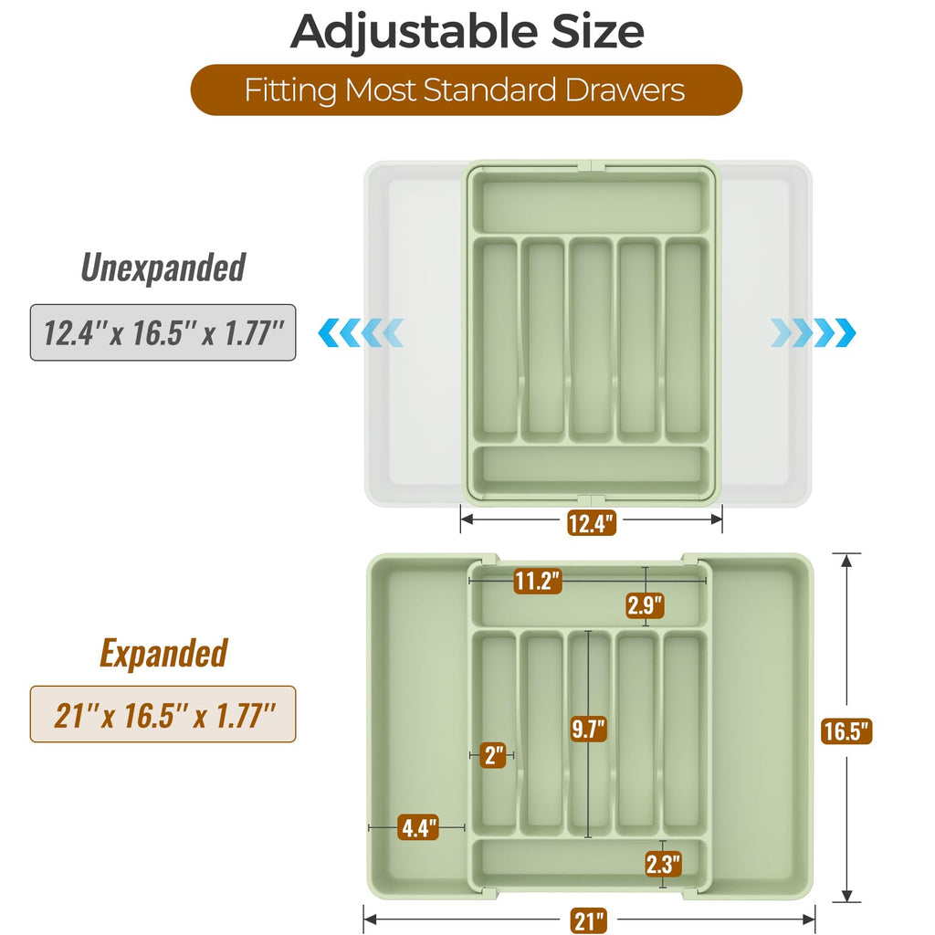 ukeetap Extra Large Expandable Silverware Organizer, BPA-Free Food-Safe Cutlery Flatware Organizer, Kitchen Utensil Drawer Organizer, Adjustable Silverware Holder for Spoons Forks Knives, Green