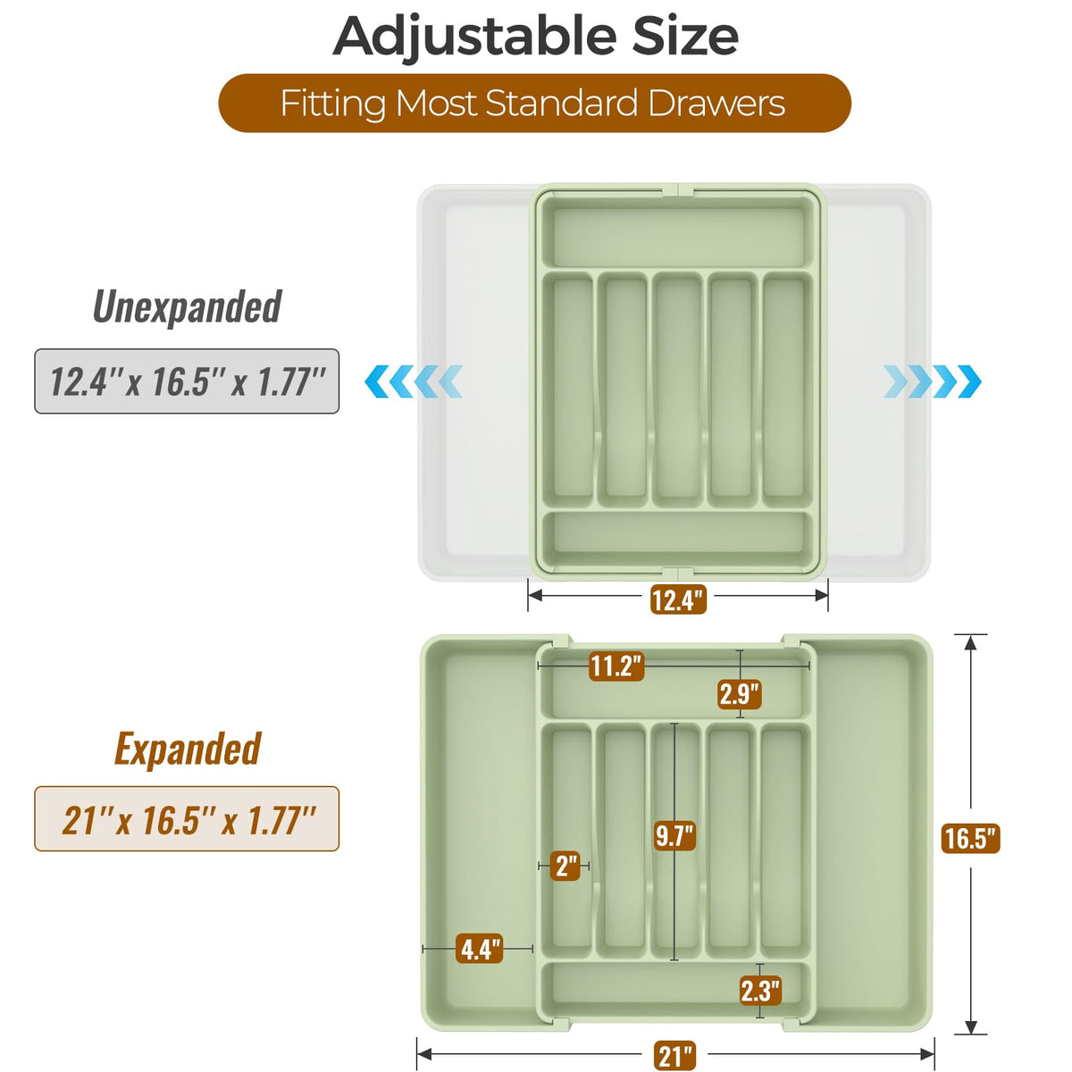 ukeetap Extra Large Expandable Silverware Organizer, BPA-Free Food-Safe Cutlery Flatware Organizer, Kitchen Utensil Drawer Organizer, Adjustable Silverware Holder for Spoons Forks Knives, Green