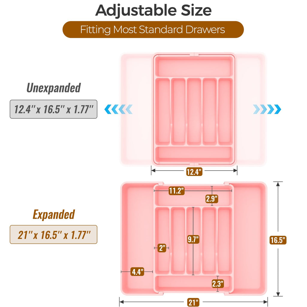 ukeetap Extra Large Expandable Silverware Organizer, BPA-Free Food-Safe Cutlery Flatware Organizer, Kitchen Utensil Drawer Organizer, Adjustable Silverware Holder for Spoons Forks Knives, Pink
