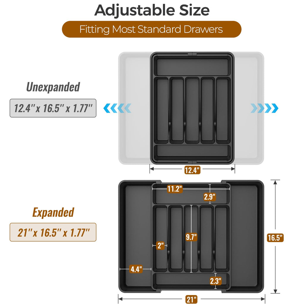 ukeetap Extra Large Expandable Silverware Organizer, BPA-Free Food-Safe Cutlery Flatware Organizer, Kitchen Utensil Drawer Organizer, Adjustable Silverware Holder for Spoons Forks Knives, Black