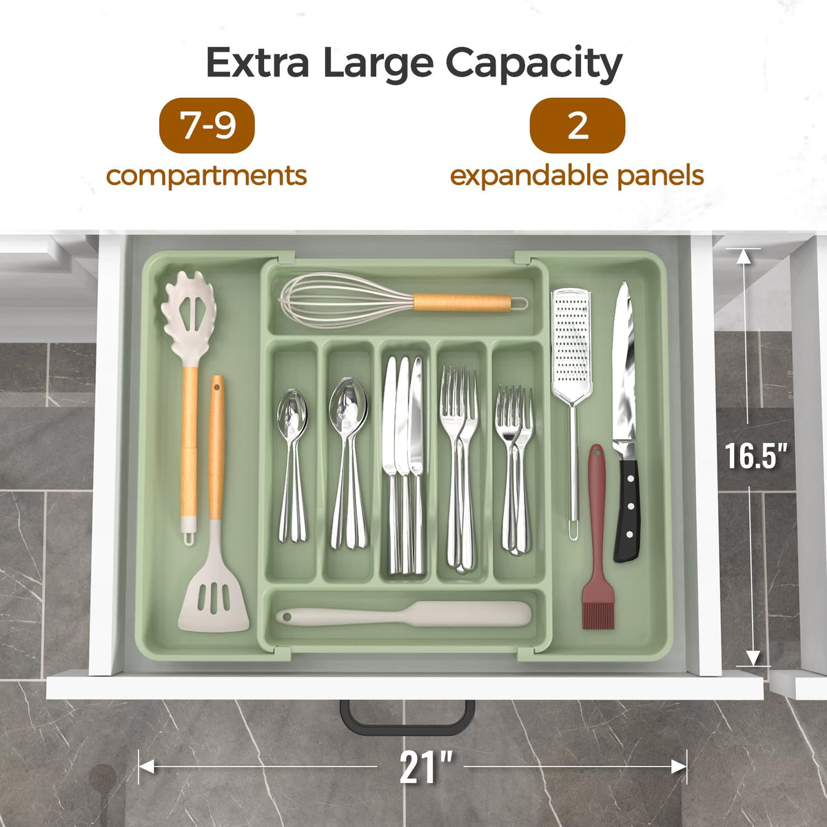 ukeetap Extra Large Expandable Silverware Organizer, BPA-Free Food-Safe Cutlery Flatware Organizer, Kitchen Utensil Drawer Organizer, Adjustable Silverware Holder for Spoons Forks Knives, Green