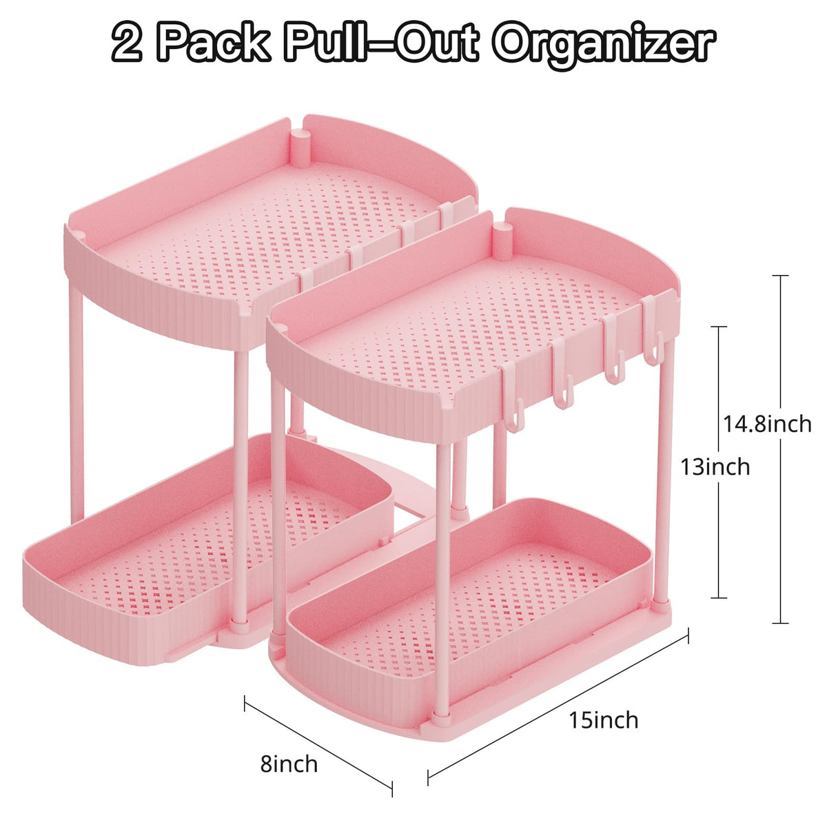 Ukeetap 2 Pack Multi-Purpose Pull-Out Storage Organizers, Under Sink Organizers and Storage for Bathroom & Kitchen, Under Cabinet Organizers and storage, 14.8 Inch, Pink