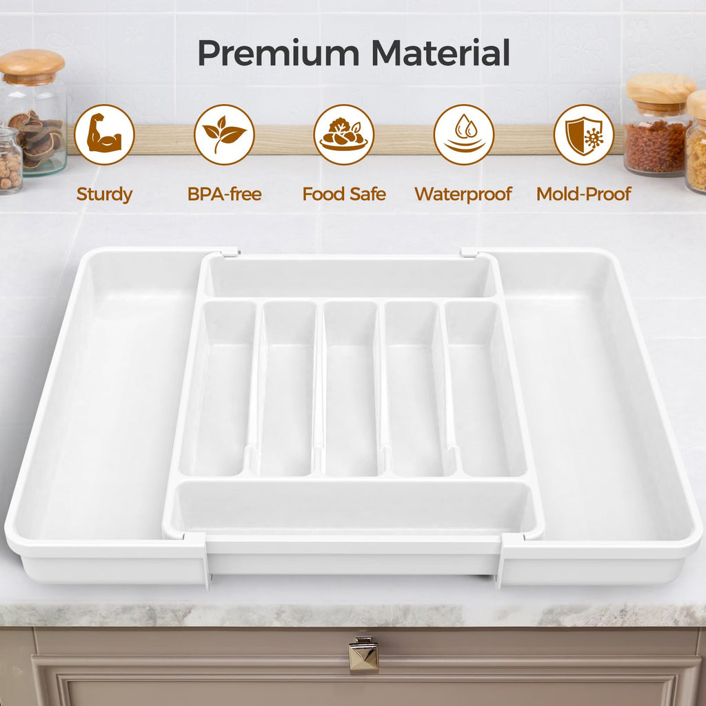 ukeetap Extra Large Expandable Silverware Organizer, BPA-Free Food-Safe Cutlery Flatware Organizer, Kitchen Utensil Drawer Organizer, Adjustable Silverware Holder for Spoons Forks Knives, White
