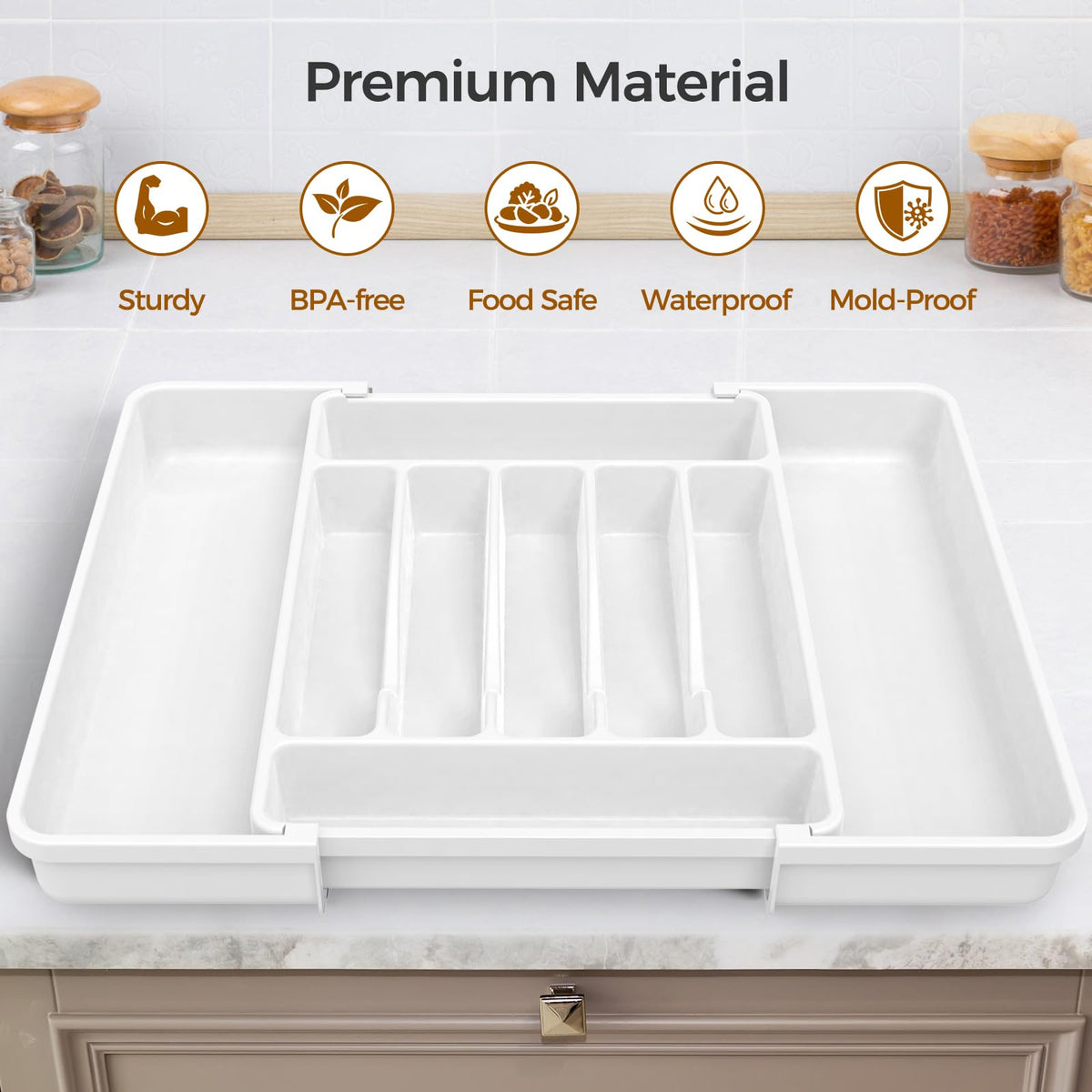 ukeetap Extra Large Expandable Silverware Organizer, BPA-Free Food-Safe Cutlery Flatware Organizer, Kitchen Utensil Drawer Organizer, Adjustable Silverware Holder for Spoons Forks Knives, White