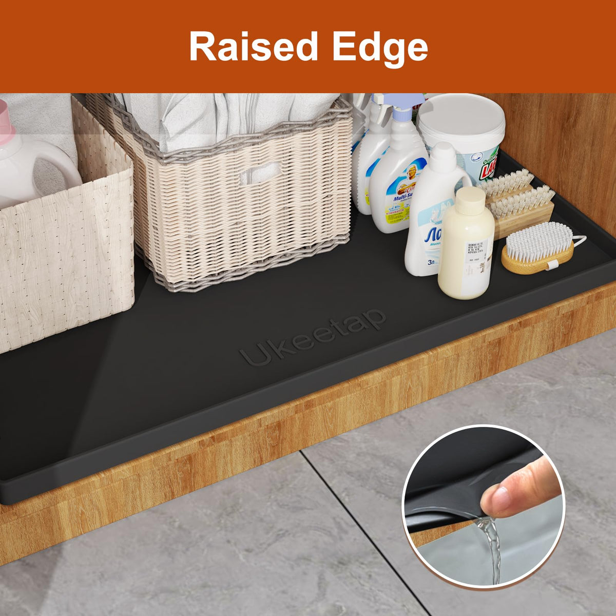ukeetap Extra Thick Silicone Mat Waterproof with Raised Edge 34" x 22", Under Sink Mat for Kitchen & Bathroom, Kitchen Cabinet Liner, Multi-Purpose for Storage & Protection, Black