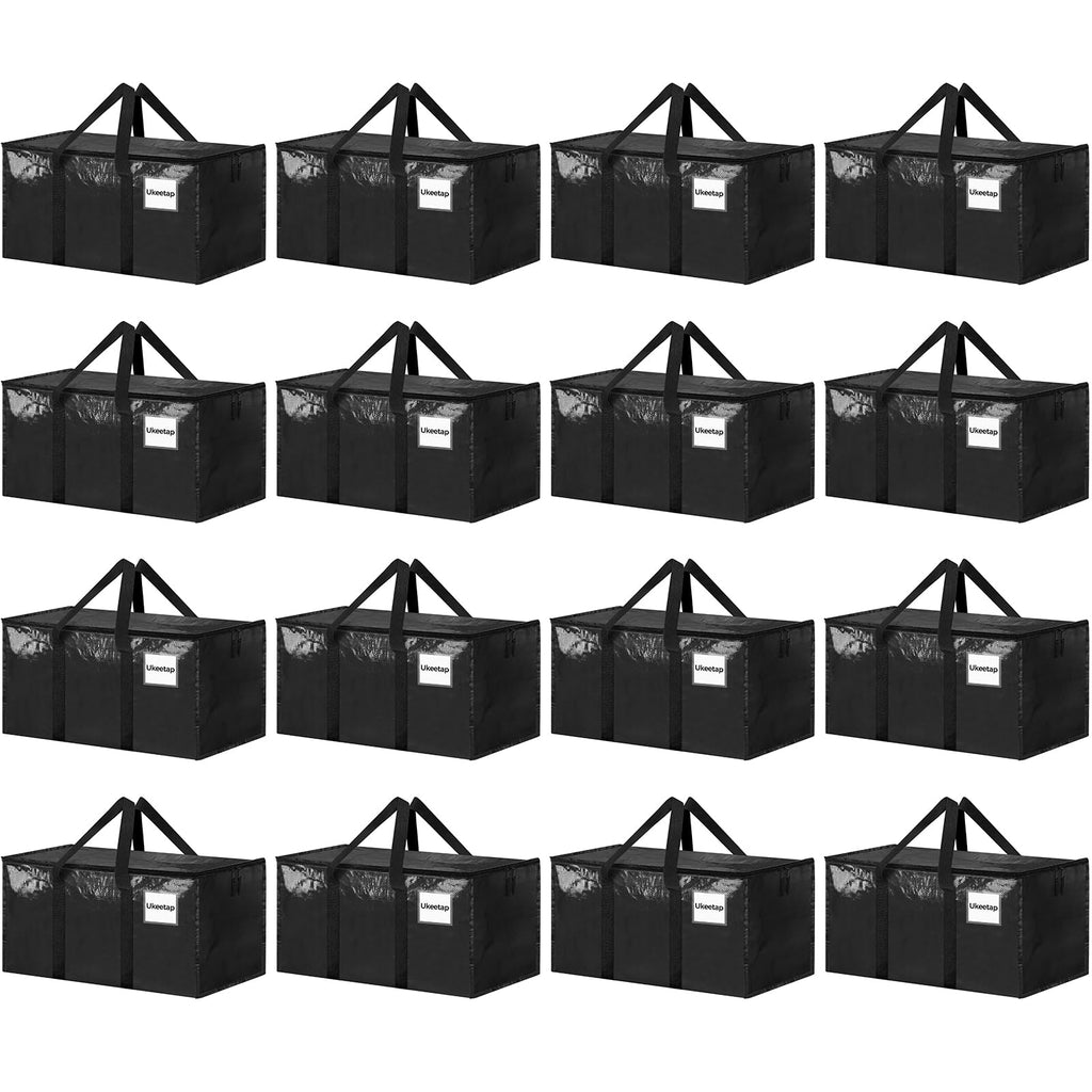 16 Pack Extra Large Heavy Duty Moving Bags, Black Storage Bins with Lids, Reinforced Handles & Heavy-Duty Zippers Moving Boxes Storage Bags Totes for Clothes Packing, Dorms, College Supplies, Black