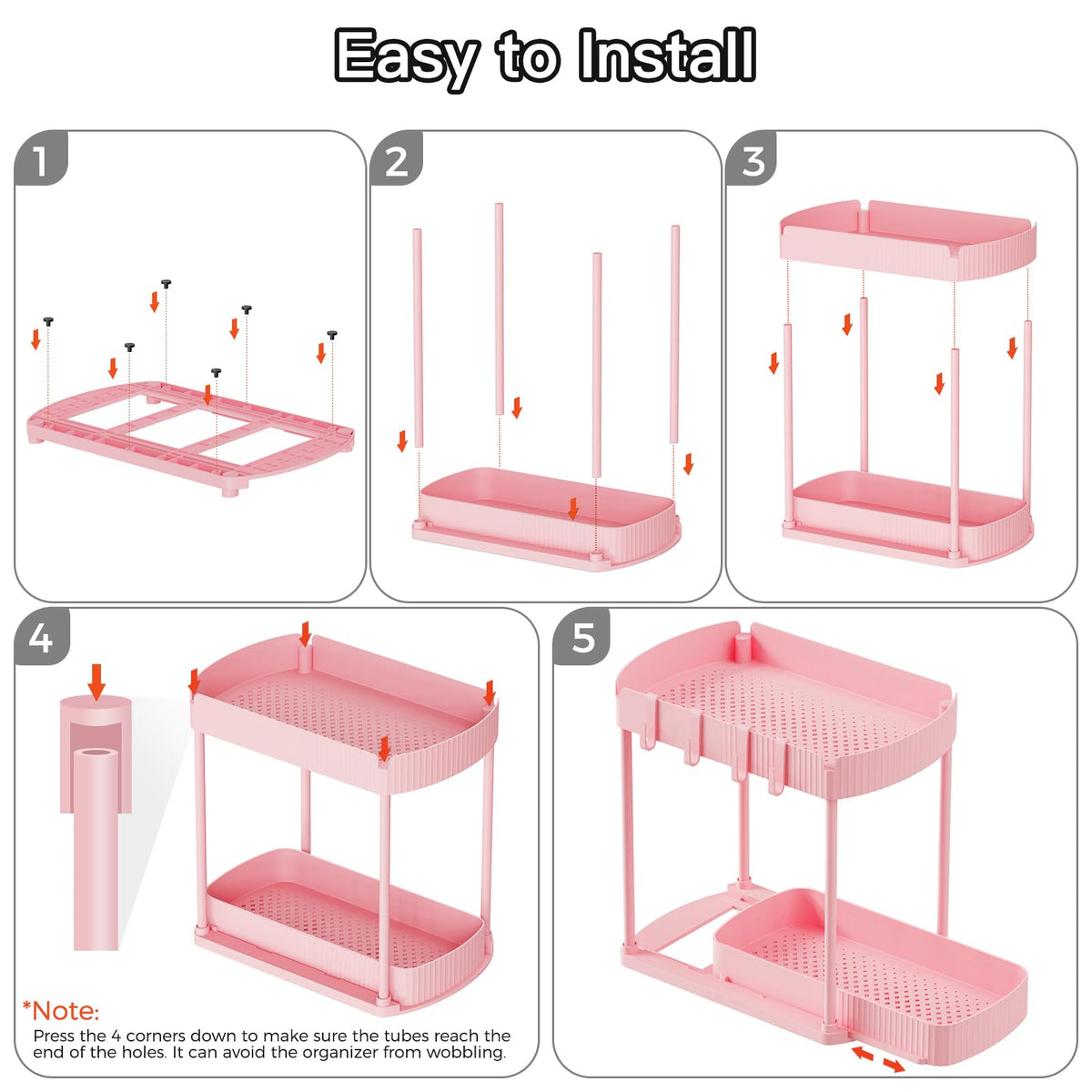 Ukeetap 2 Pack Multi-Purpose Pull-Out Storage Organizers, Under Sink & Cabinet Organizers, 12.8 Inch Pink
