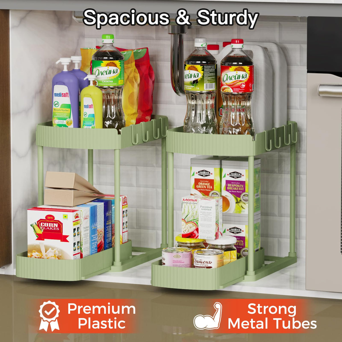Ukeetap 2 Pack Multi-Purpose Pull-Out Storage Organizers, Under Sink Organizers and Storage for Bathroom & Kitchen, Under Cabinet Organizers and storage, 14.8 Inch, Green