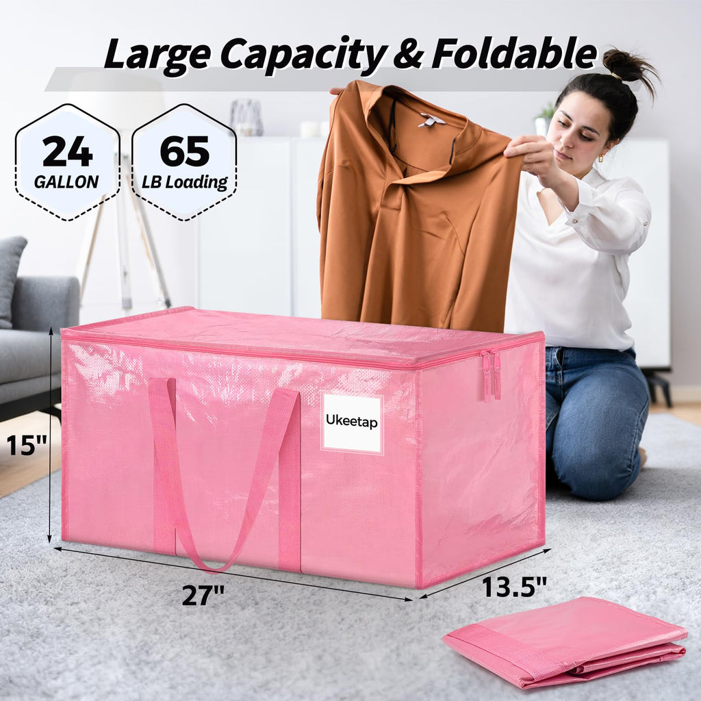 16 Pack Extra Large Heavy Duty Moving Bags, Pink Storage Bins with Lids, Reinforced Handles & Heavy-Duty Zippers Moving Boxes Storage Bags Totes for Clothes Packing, Dorms, College Supplies, Pink