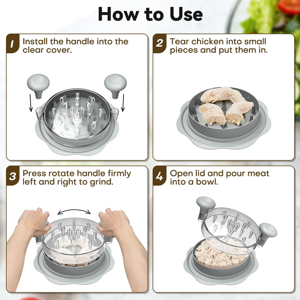 Ukeetap 10" Pro Chicken Shredder Tool Twist Large for Kitchen, BPA-Free Food-Safe Meat Grinder, Visible Chicken Breast Meat Shredder with Strong Anti-Slip Bottom & Ergonomic Handle, Gray