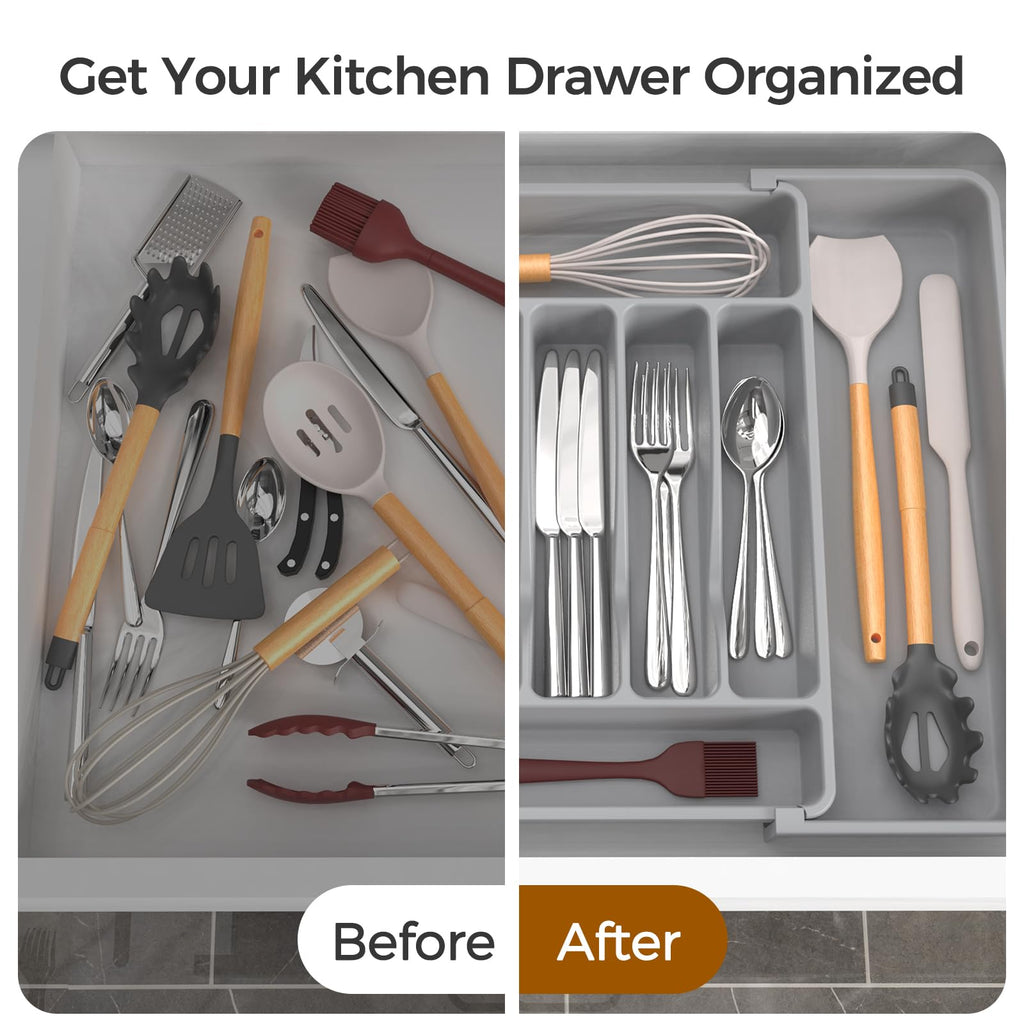 ukeetap Extra Large Expandable Silverware Organizer, BPA-Free Food-Safe Cutlery Flatware Organizer, Kitchen Utensil Drawer Organizer, Adjustable Silverware Holder for Spoons Forks Knives, Gray