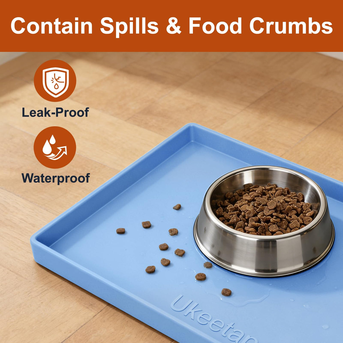 ukeetap Extra Thick Silicone Mat Waterproof with Raised Edge 19” x 12”, BPA Free Non-Slip Dog & Cat Food Mat, Feeding Mat for Food and Water Bowls, Spill Proof Mat to Protect Floors, Blue
