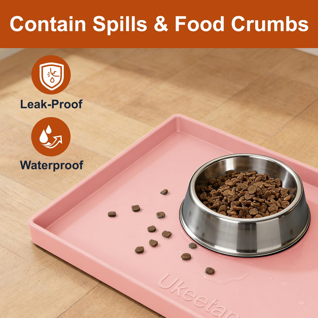 ukeetap Extra Thick Silicone Mat Waterproof with Raised Edge 19” x 12”, BPA Free Non-Slip Dog & Cat Food Mat, Feeding Mat for Food and Water Bowls, Spill Proof Mat to Protect Floors, Pink