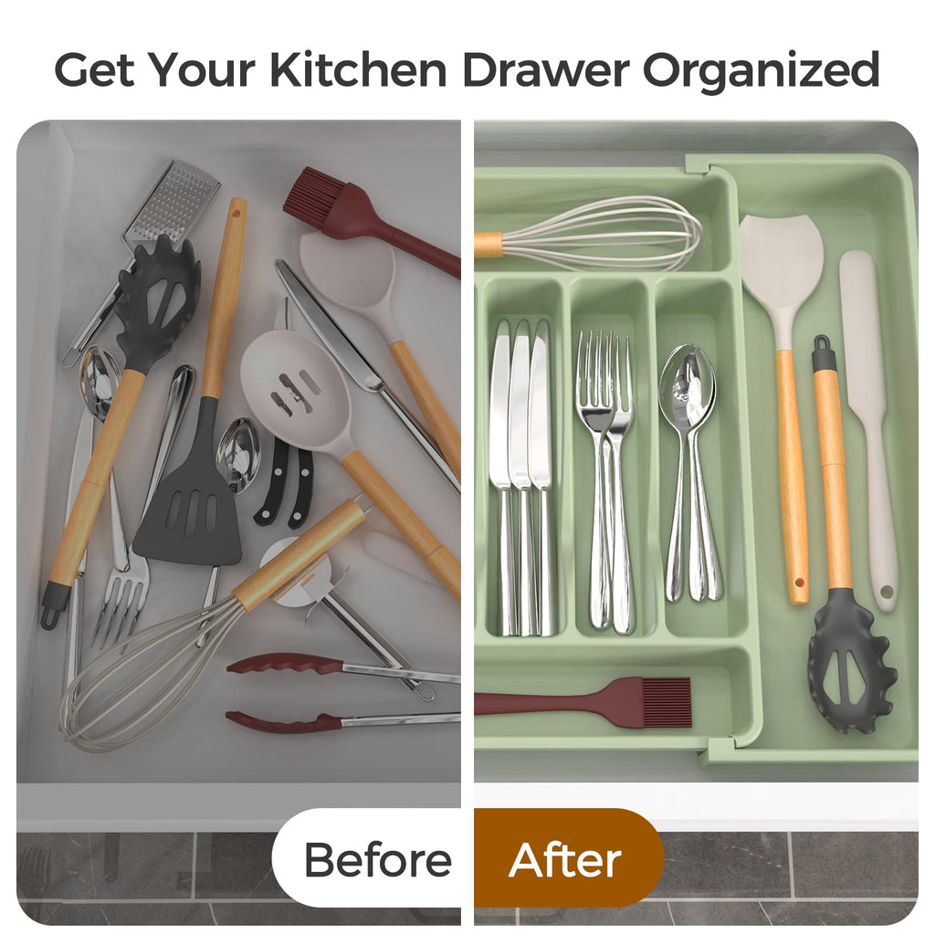 ukeetap Extra Large Expandable Silverware Organizer, BPA-Free Food-Safe Cutlery Flatware Organizer, Kitchen Utensil Drawer Organizer, Adjustable Silverware Holder for Spoons Forks Knives, Green