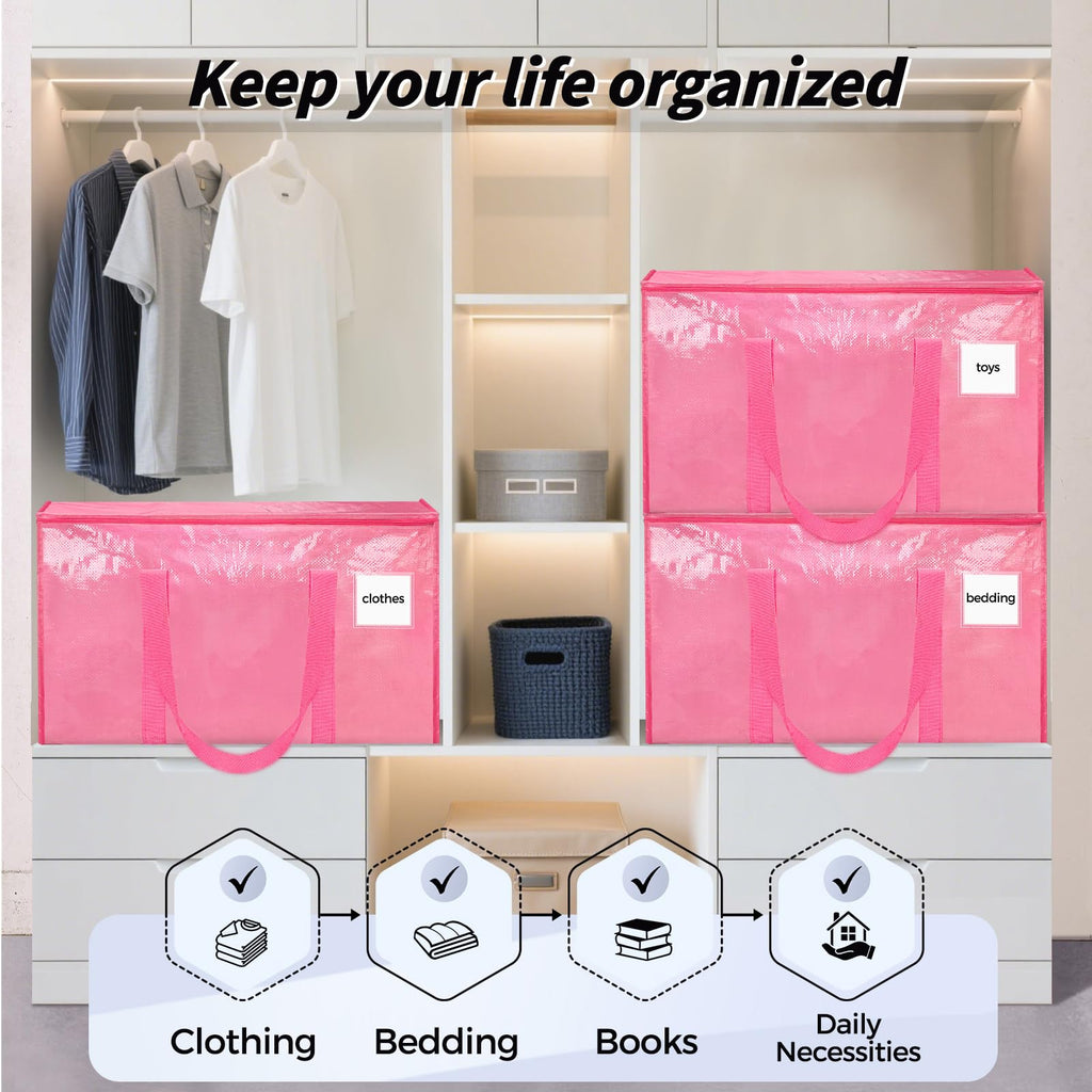 16 Pack Extra Large Heavy Duty Moving Bags, Pink Storage Bins with Lids, Reinforced Handles & Heavy-Duty Zippers Moving Boxes Storage Bags Totes for Clothes Packing, Dorms, College Supplies, Pink
