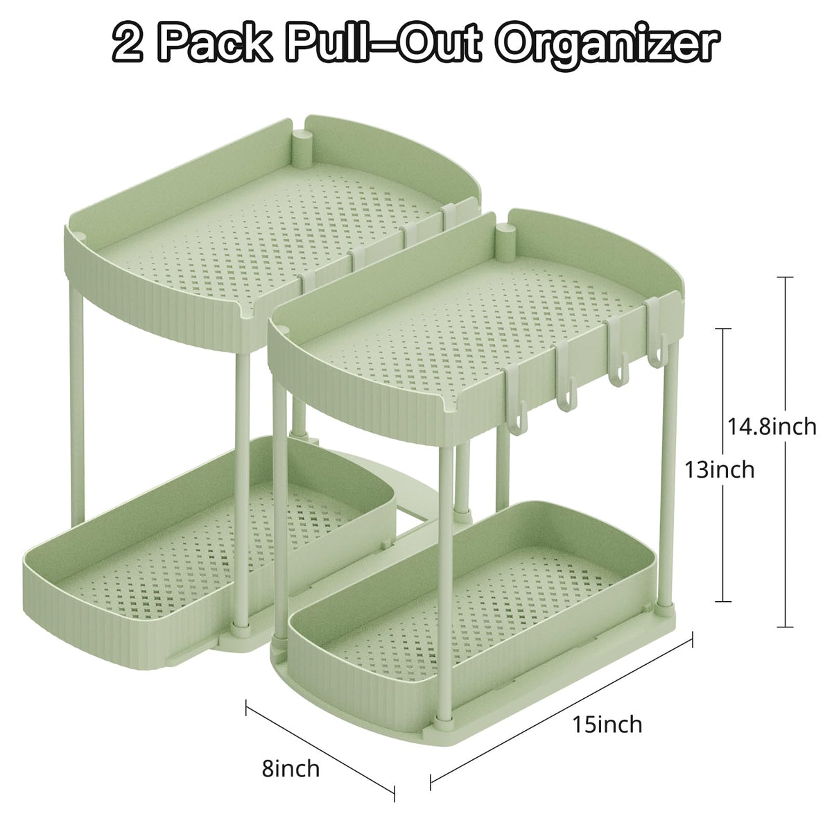 Ukeetap 2 Pack Multi-Purpose Pull-Out Storage Organizers, Under Sink Organizers and Storage for Bathroom & Kitchen, Under Cabinet Organizers and storage, 14.8 Inch, Green