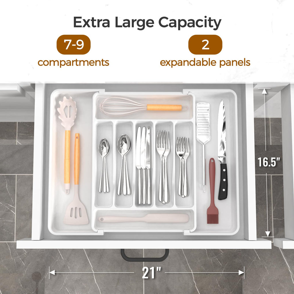 ukeetap Extra Large Expandable Silverware Organizer, BPA-Free Food-Safe Cutlery Flatware Organizer, Kitchen Utensil Drawer Organizer, Adjustable Silverware Holder for Spoons Forks Knives, White