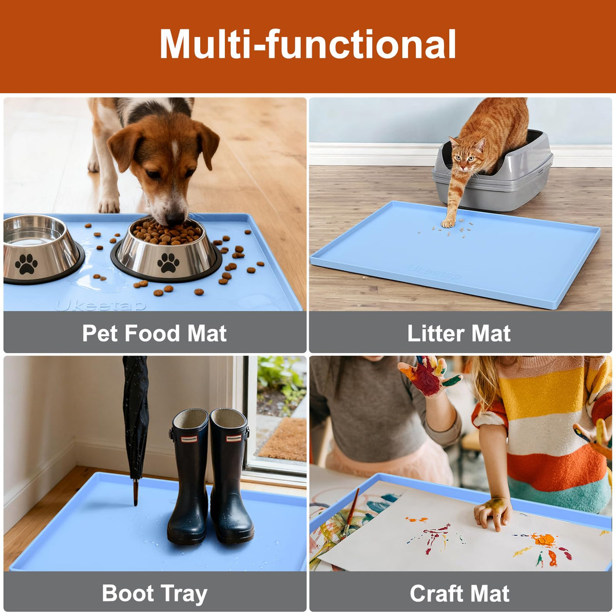 ukeetap Extra Thick Silicone Mat Waterproof with Raised Edge 34" x 22", Under Sink Mat for Kitchen & Bathroom, Kitchen Cabinet Liner, Multi-Purpose for Storage & Protection, Blue