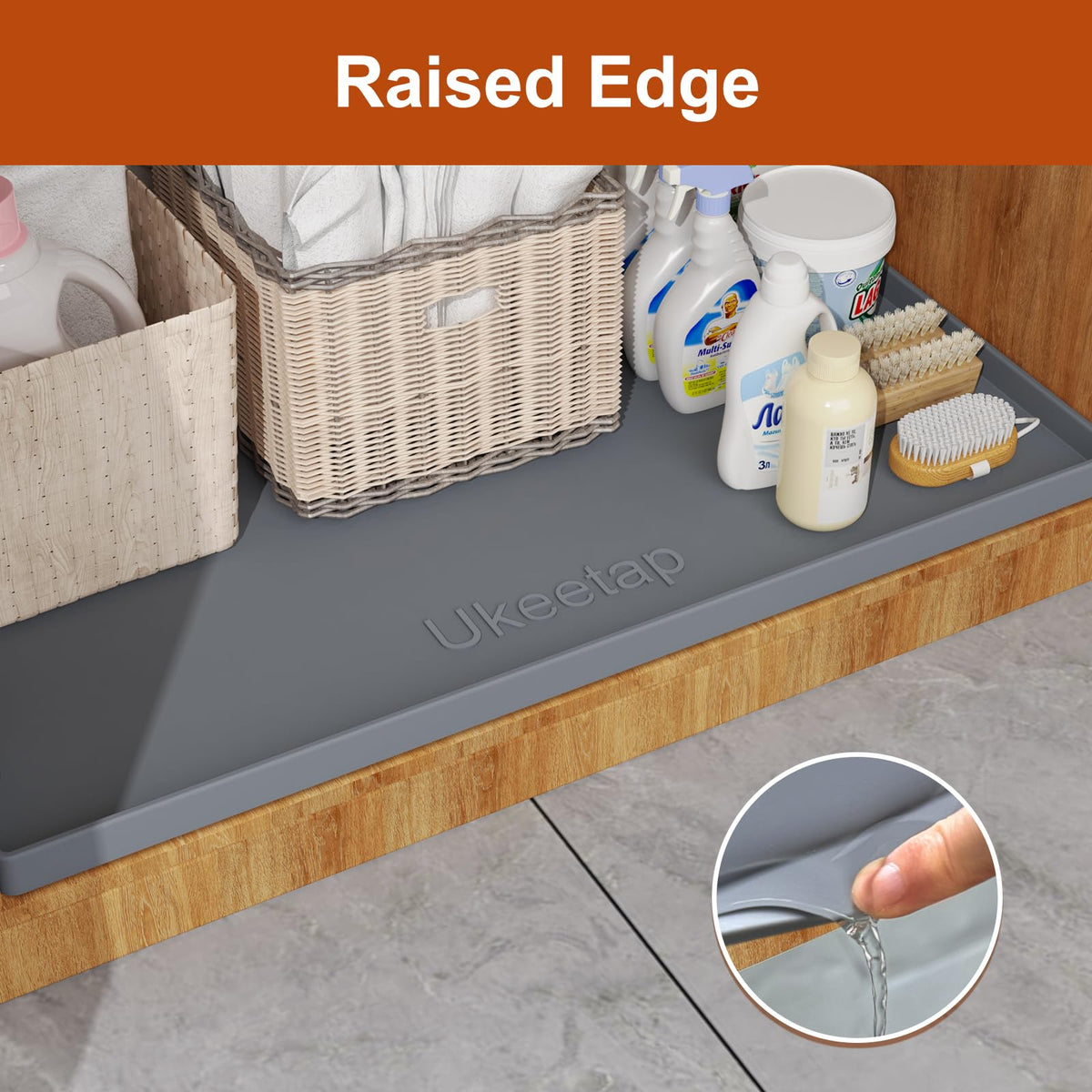 ukeetap Extra Thick Silicone Mat Waterproof with Raised Edge 22" x 19", Under Sink Mat for Kitchen & Bathroom, Kitchen Cabinet Liner, Multi-Purpose for Storage & Protection, Gray