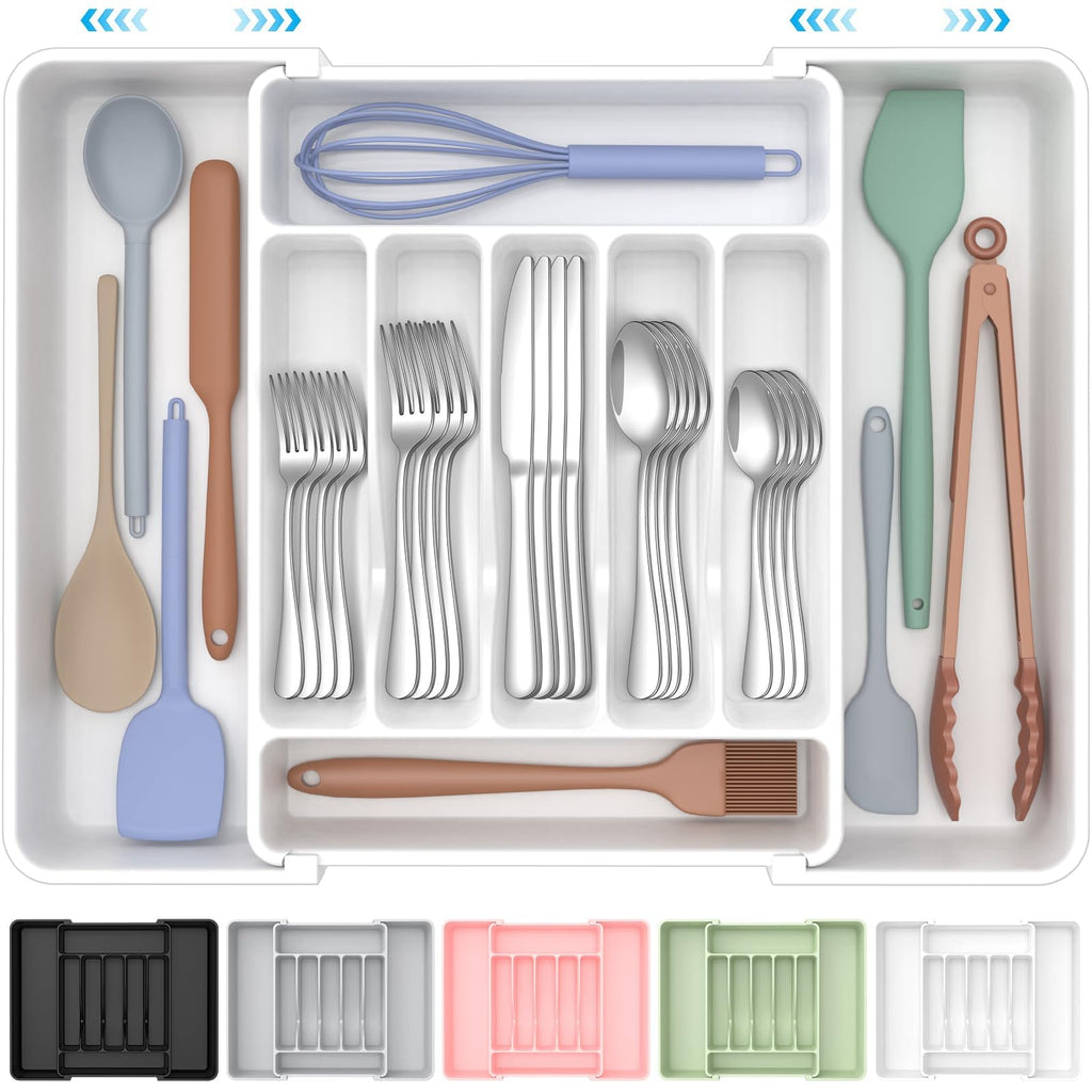 ukeetap Extra Large Expandable Silverware Organizer, BPA-Free Food-Safe Cutlery Flatware Organizer, Kitchen Utensil Drawer Organizer, Adjustable Silverware Holder for Spoons Forks Knives, White