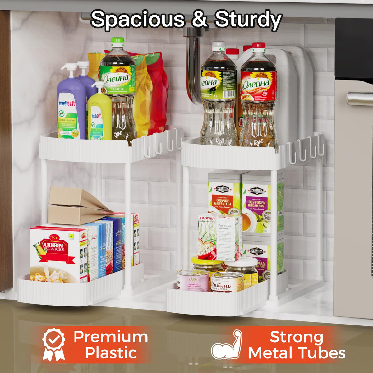 Ukeetap 2 Pack Multi-Purpose Pull-Out Storage Organizers, Under Sink & Cabinet Storage, 12.8 Inch, White