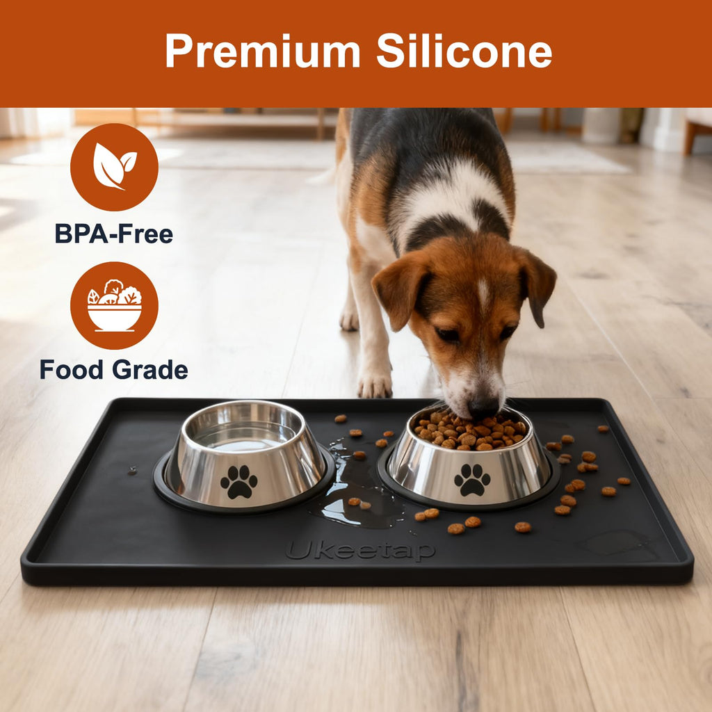 ukeetap Extra Thick Silicone Mat Waterproof with Raised Edge 19” x 12”, BPA Free Non-Slip Dog & Cat Food Mat, Feeding Mat for Food and Water Bowls, Spill Proof Mat to Protect Floors, Black