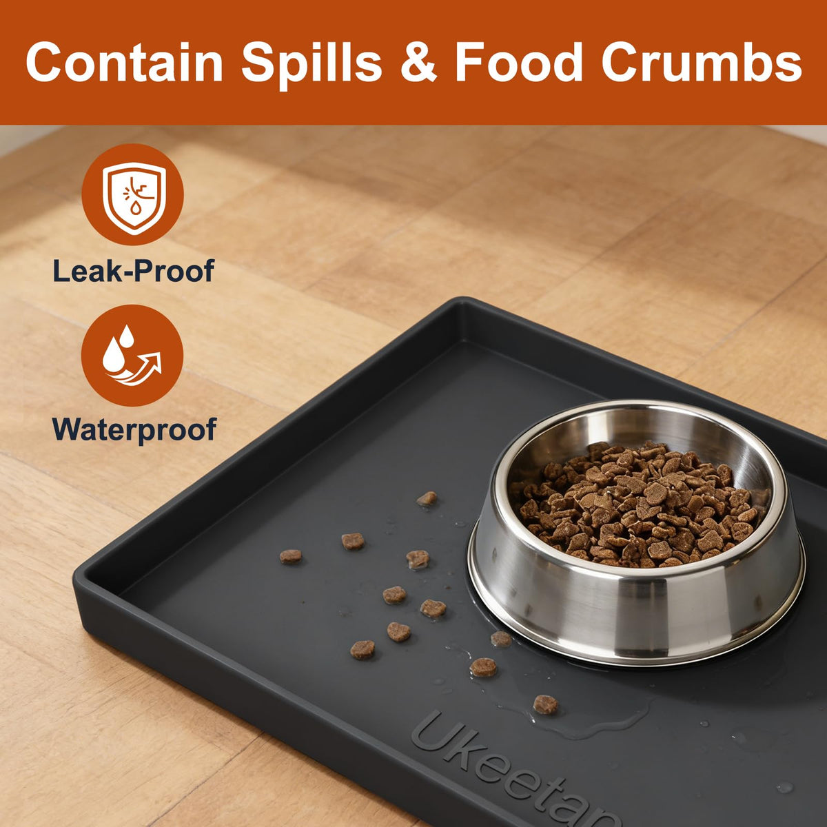 ukeetap Extra Thick Silicone Mat Waterproof with Raised Edge 19” x 12”, BPA Free Non-Slip Dog & Cat Food Mat, Feeding Mat for Food and Water Bowls, Spill Proof Mat to Protect Floors, Black