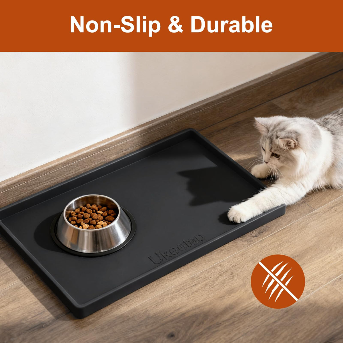 ukeetap Extra Thick Silicone Mat Waterproof with Raised Edge 19” x 12”, BPA Free Non-Slip Dog & Cat Food Mat, Feeding Mat for Food and Water Bowls, Spill Proof Mat to Protect Floors, Black