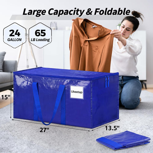 16 Pack Extra Large Heavy Duty Moving Bags, Blue Storage Bins with Lids, Reinforced Handles & Heavy-Duty Zippers Moving Boxes Storage Bags Totes for Clothes Packing, Dorms, College Supplies, Blue