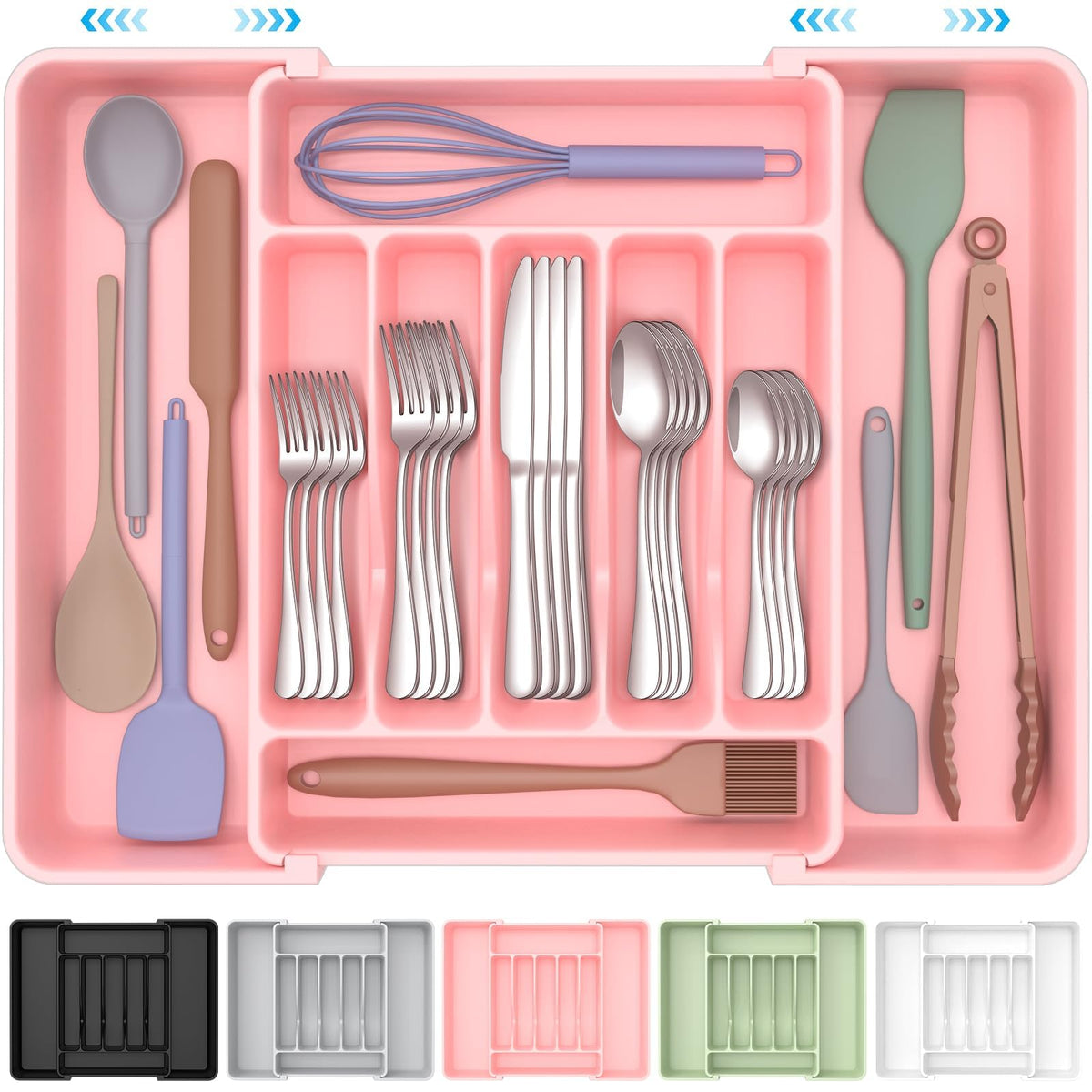 ukeetap Extra Large Expandable Silverware Organizer, BPA-Free Food-Safe Cutlery Flatware Organizer, Kitchen Utensil Drawer Organizer, Adjustable Silverware Holder for Spoons Forks Knives, Pink