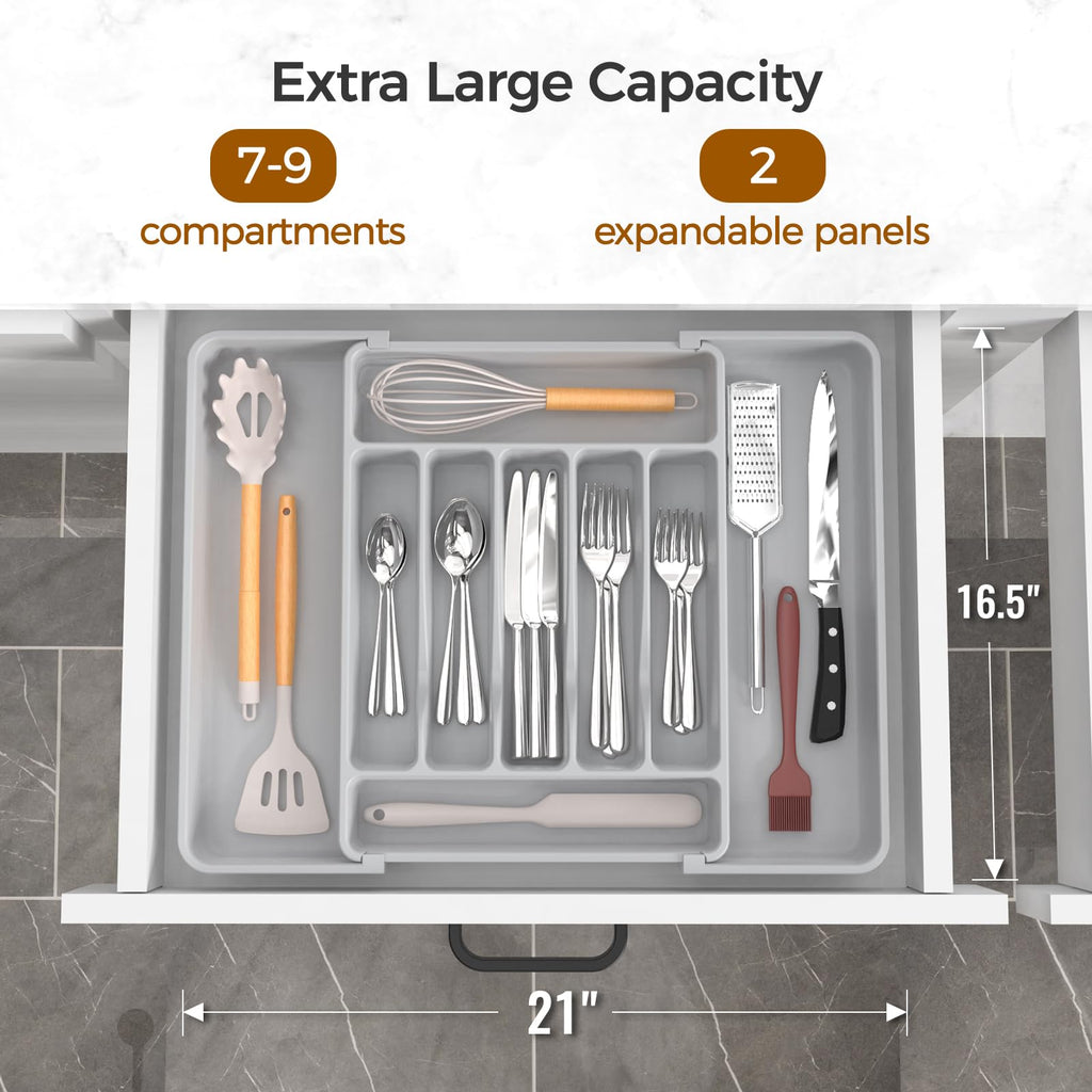 ukeetap Extra Large Expandable Silverware Organizer, BPA-Free Food-Safe Cutlery Flatware Organizer, Kitchen Utensil Drawer Organizer, Adjustable Silverware Holder for Spoons Forks Knives, Gray
