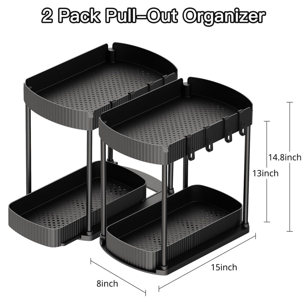 Ukeetap 2 Pack Multi-Purpose Pull-Out Storage Organizers, Under Sink Organizers and Storage for Bathroom & Kitchen, Under Cabinet Organizers and storage, 14.8 Inch, Black