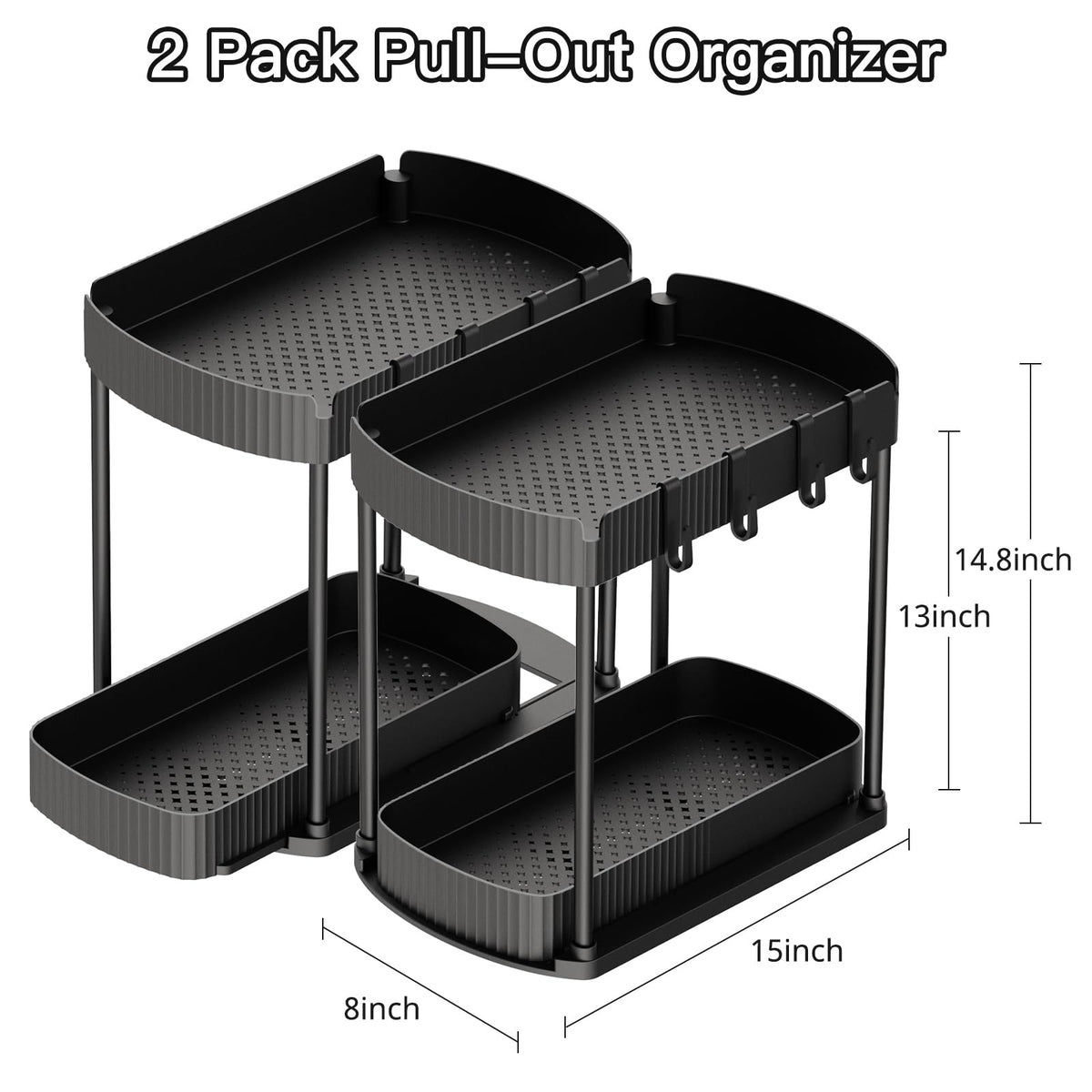 Ukeetap 2 Pack Multi-Purpose Pull-Out Storage Organizers, Under Sink Organizers and Storage for Bathroom & Kitchen, Under Cabinet Organizers and storage, 14.8 Inch, Black