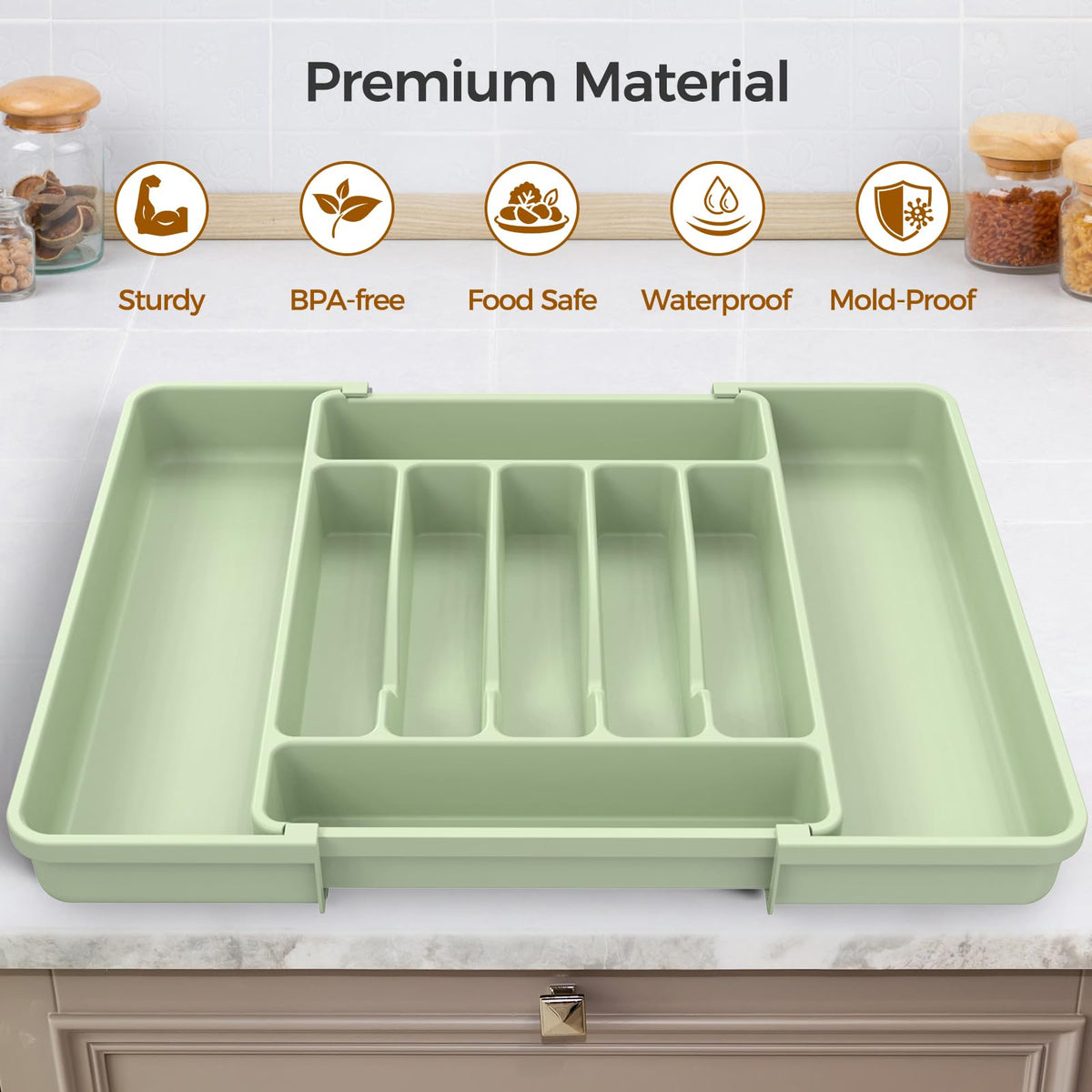 ukeetap Extra Large Expandable Silverware Organizer, BPA-Free Food-Safe Cutlery Flatware Organizer, Kitchen Utensil Drawer Organizer, Adjustable Silverware Holder for Spoons Forks Knives, Green