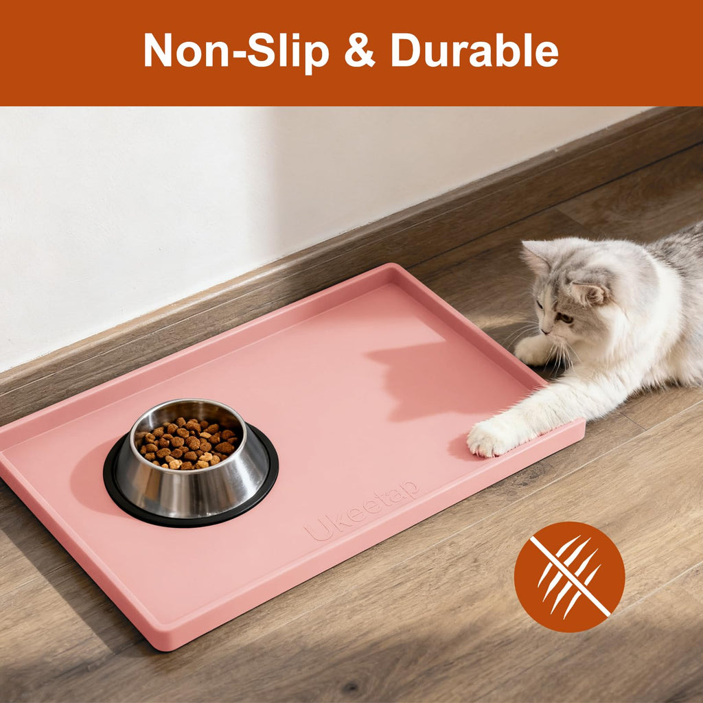 ukeetap Extra Thick Silicone Mat Waterproof with Raised Edge 19” x 12”, BPA Free Non-Slip Dog & Cat Food Mat, Feeding Mat for Food and Water Bowls, Spill Proof Mat to Protect Floors, Pink