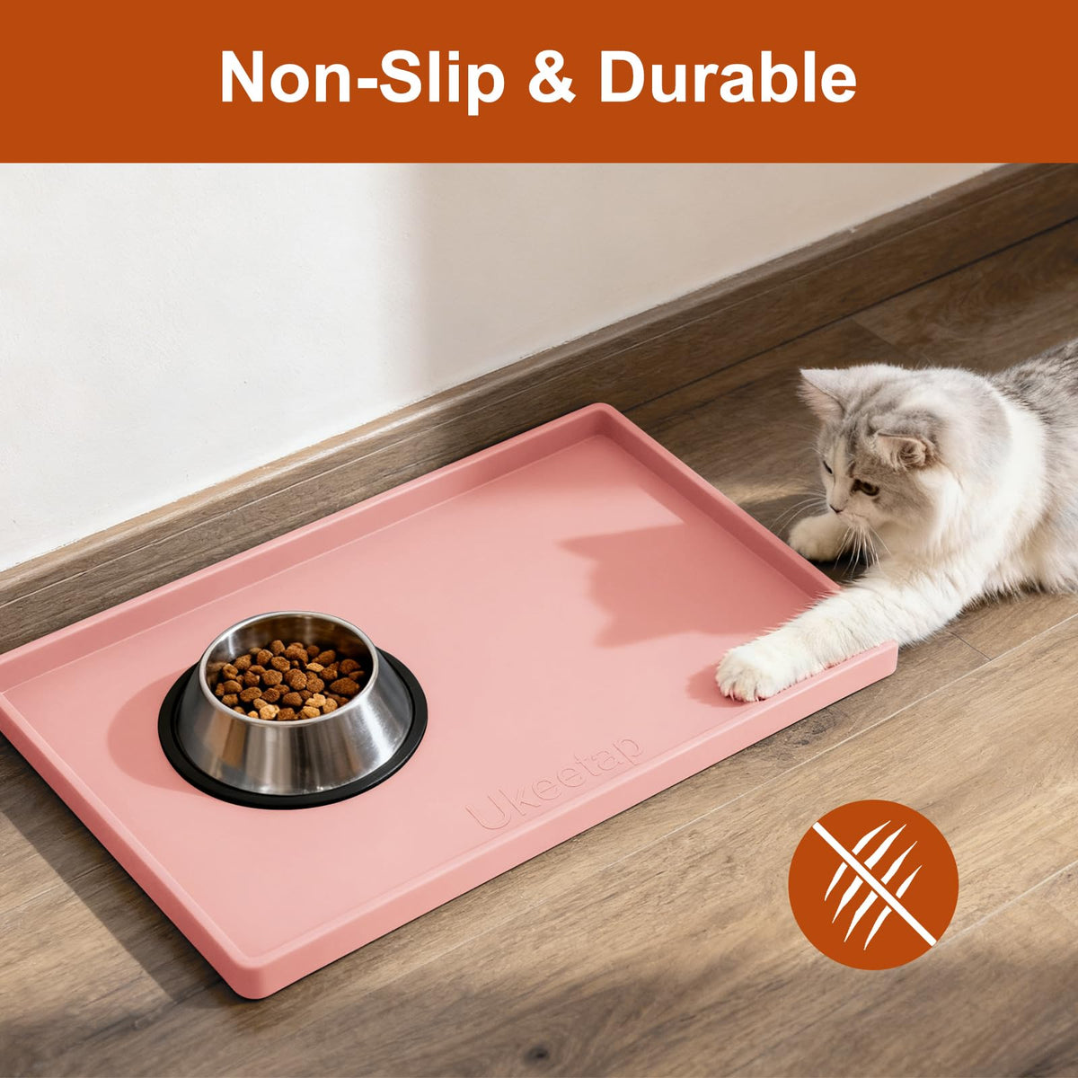 ukeetap Extra Thick Silicone Mat Waterproof with Raised Edge 19” x 12”, BPA Free Non-Slip Dog & Cat Food Mat, Feeding Mat for Food and Water Bowls, Spill Proof Mat to Protect Floors, Pink
