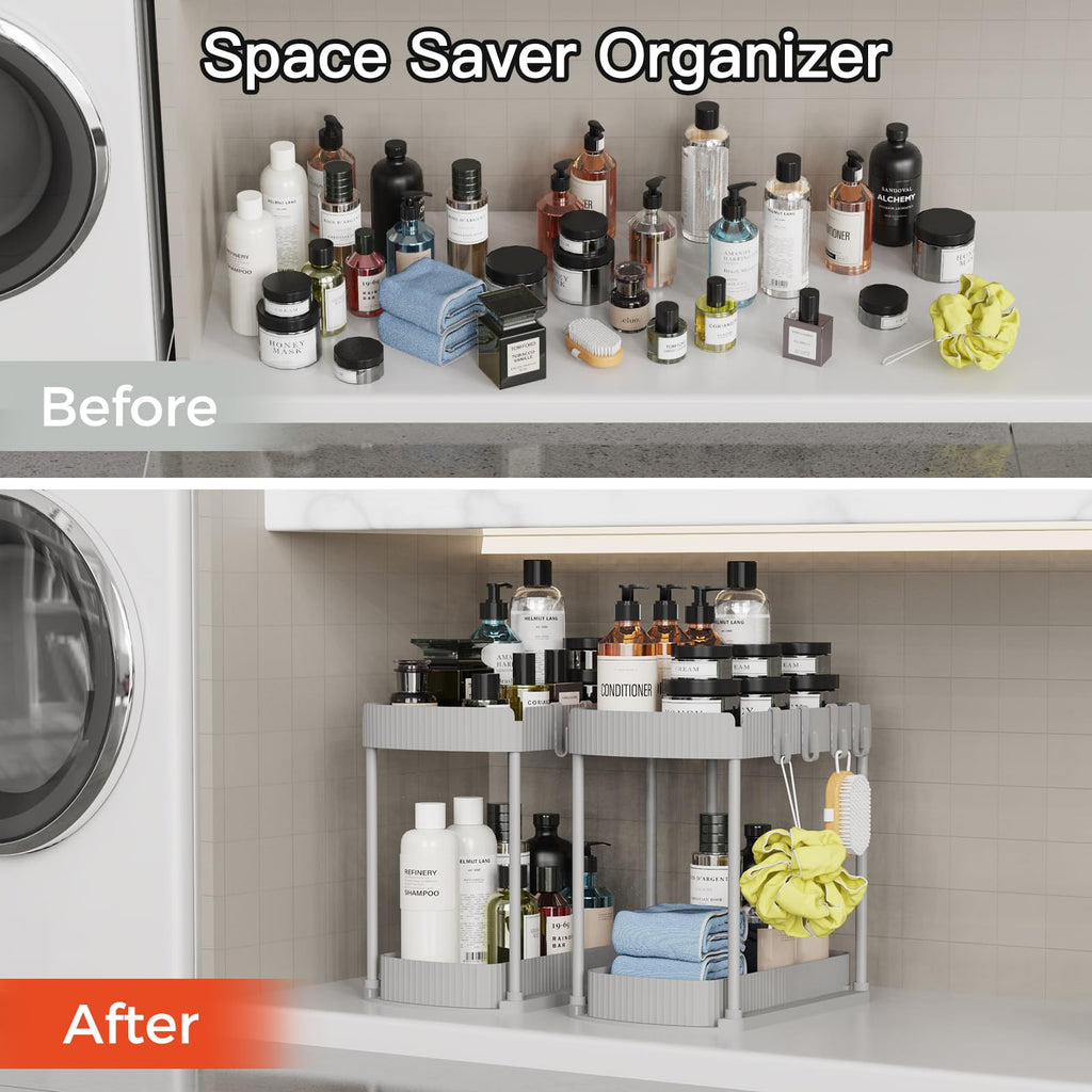 Ukeetap 2 Pack Multi-Purpose Pull-Out Storage Organizers, Under Sink Organizers and Storage for Bathroom & Kitchen, Under Cabinet Organizers and storage, 14.8 Inch, Grey