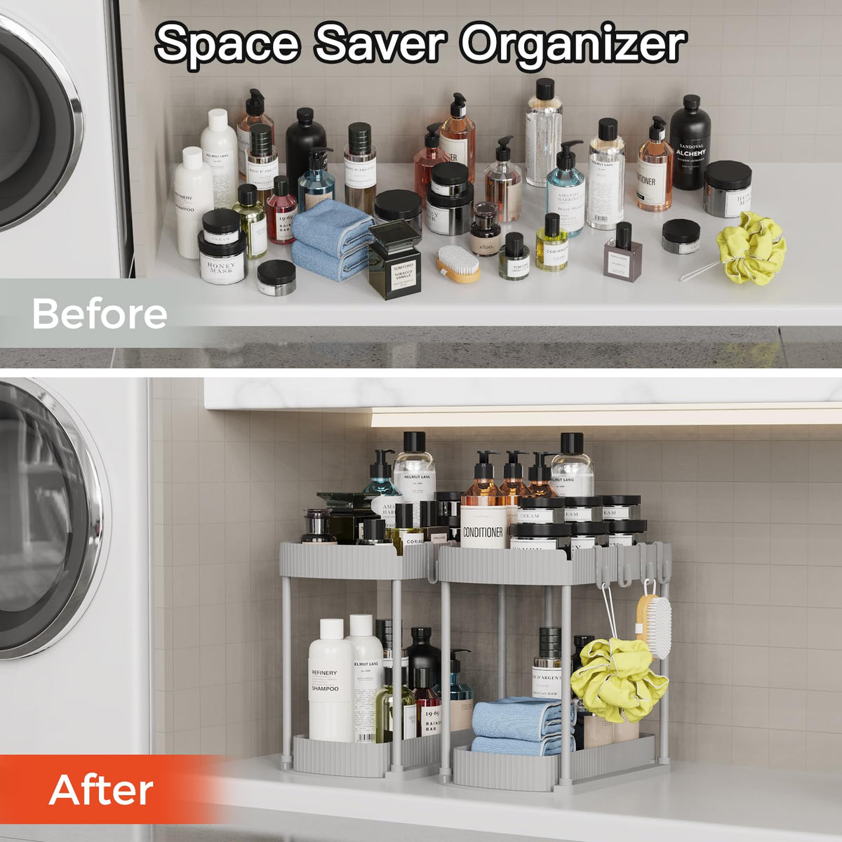 Ukeetap 2 Pack Multi-Purpose Pull-Out Storage Organizers, Under Sink Organizers and Storage for Bathroom & Kitchen, Under Cabinet Organizers and storage, 14.8 Inch, Grey