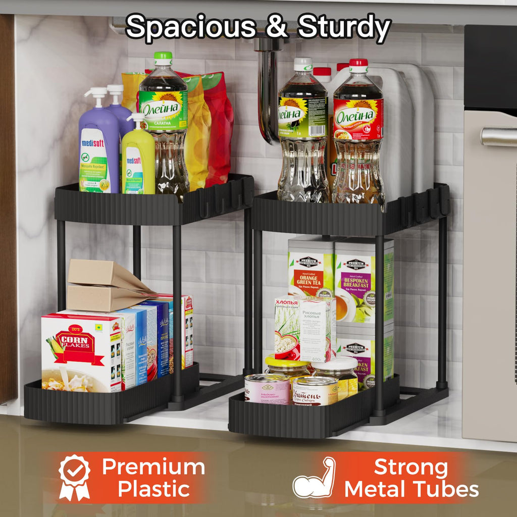 Ukeetap 2 Pack Multi-Purpose Pull-Out Storage Organizers, Under Sink Organizers and Storage for Bathroom & Kitchen, Under Cabinet Organizers and storage, 14.8 Inch, Black