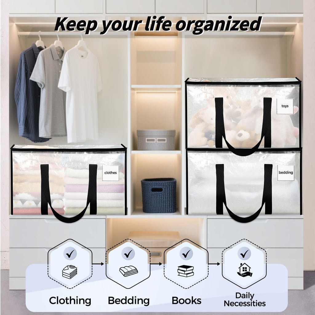 16 Pack Extra Large Heavy Duty Moving Bags, Clear Storage Bins with Lids, Reinforced Handles & Heavy-Duty Zippers Moving Boxes Storage Bags Totes for Clothes Packing, Dorms, College Supplies, Clear