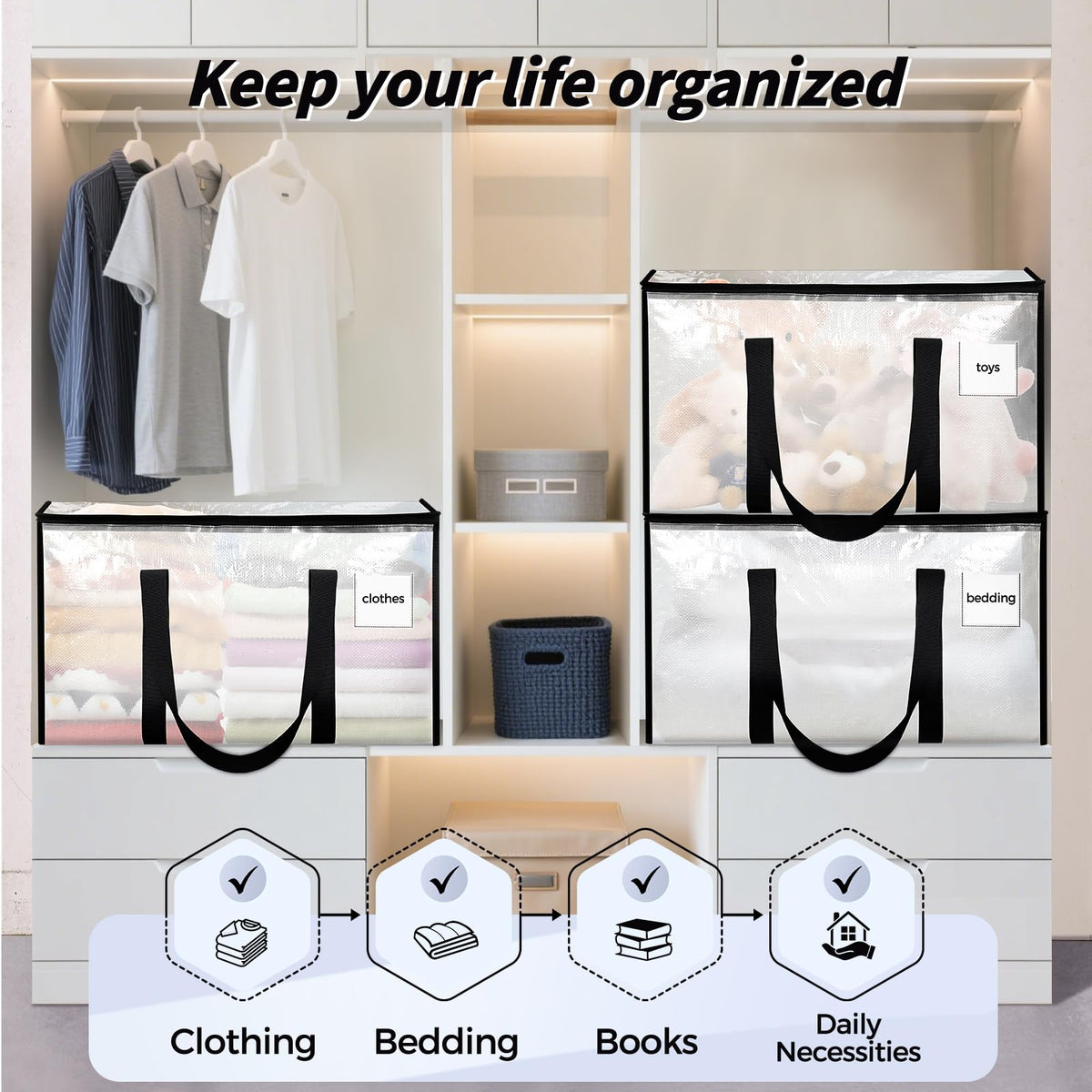 16 Pack Extra Large Heavy Duty Moving Bags, Clear Storage Bins with Lids, Reinforced Handles & Heavy-Duty Zippers Moving Boxes Storage Bags Totes for Clothes Packing, Dorms, College Supplies, Clear