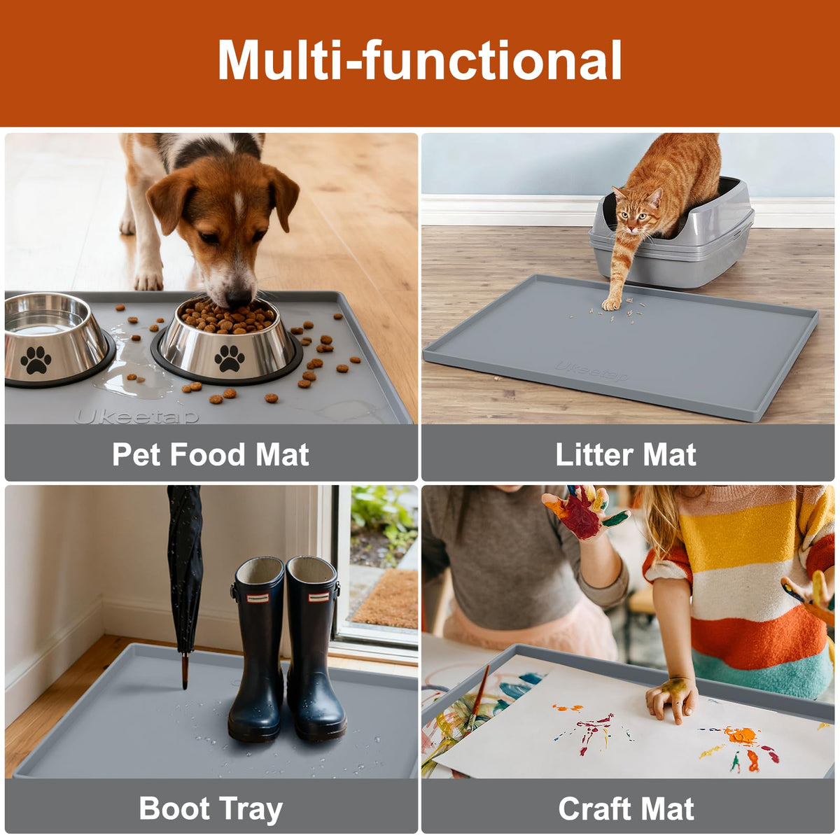 ukeetap Extra Thick Silicone Mat Waterproof with Raised Edge 34" x 22", Under Sink Mat for Kitchen & Bathroom, Kitchen Cabinet Liner, Multi-Purpose for Storage & Protection, Gray