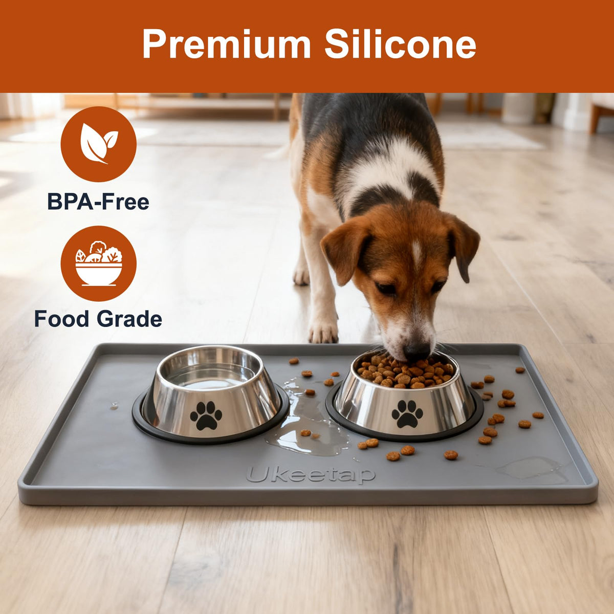 ukeetap Extra Thick Silicone Mat Waterproof with Raised Edge 19” x 12”, BPA Free Non-Slip Dog & Cat Food Mat, Feeding Mat for Food and Water Bowls, Spill Proof Mat to Protect Floors, Gray