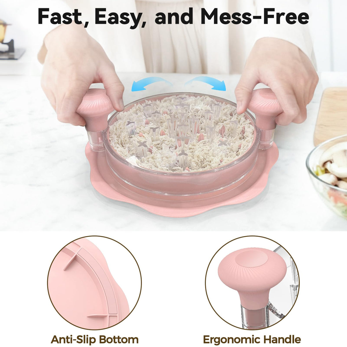 Ukeetap 10" Pro Chicken Shredder Tool Twist Large for Kitchen, BPA-Free Food-Safe Meat Grinder, Visible Chicken Breast Meat Shredder with Strong Anti-Slip Bottom & Ergonomic Handle, Pink